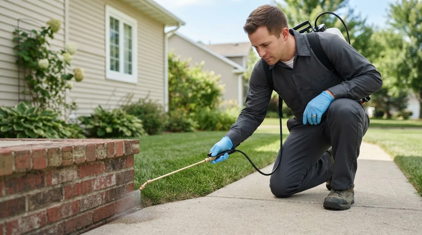 Pest control technician treating a home near Morning Sun, IA