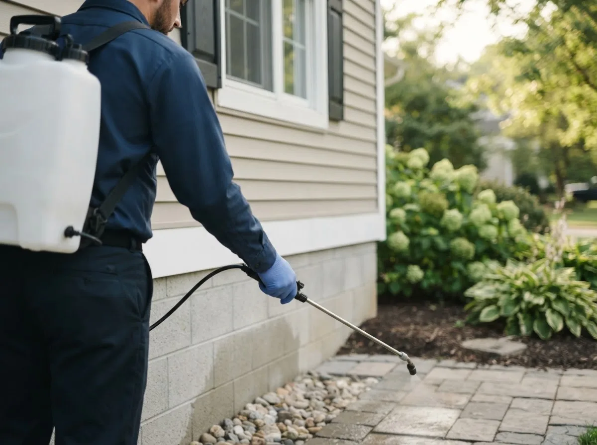 Pest control technician inspecting a home in Morning Sun, IA